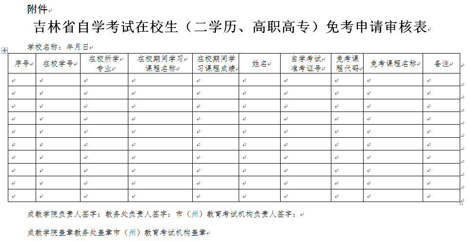 吉林省自学考试在校生(二学历、高职高专)免考申请表